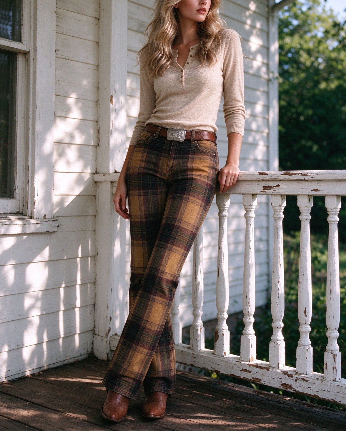 Rustler Plaid Low-Rise Bootcut Jeans