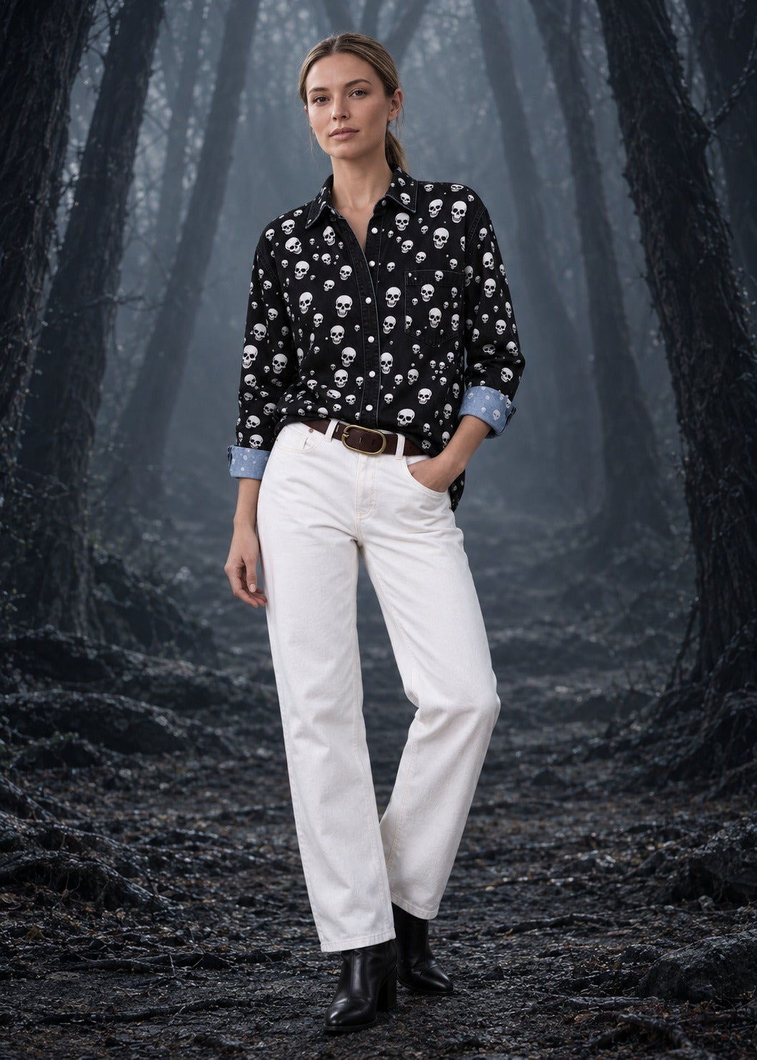 Skull Saddle Long Sleeve Denim Shirt