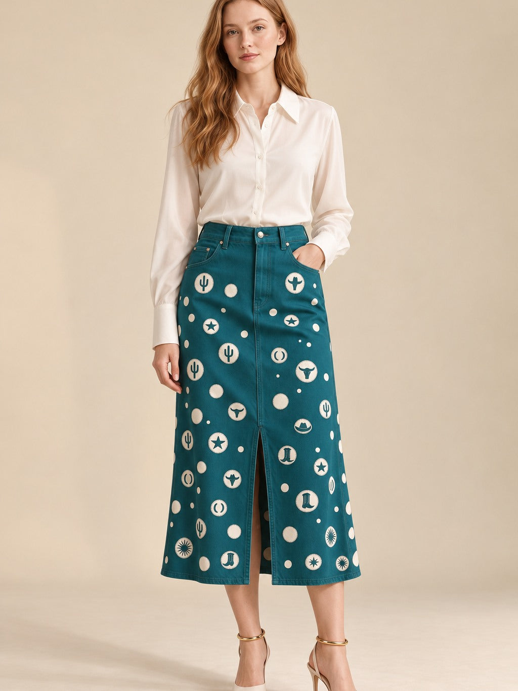 Desert Starlight Western Denim Midi Skirt – Back View – Riley – Teal