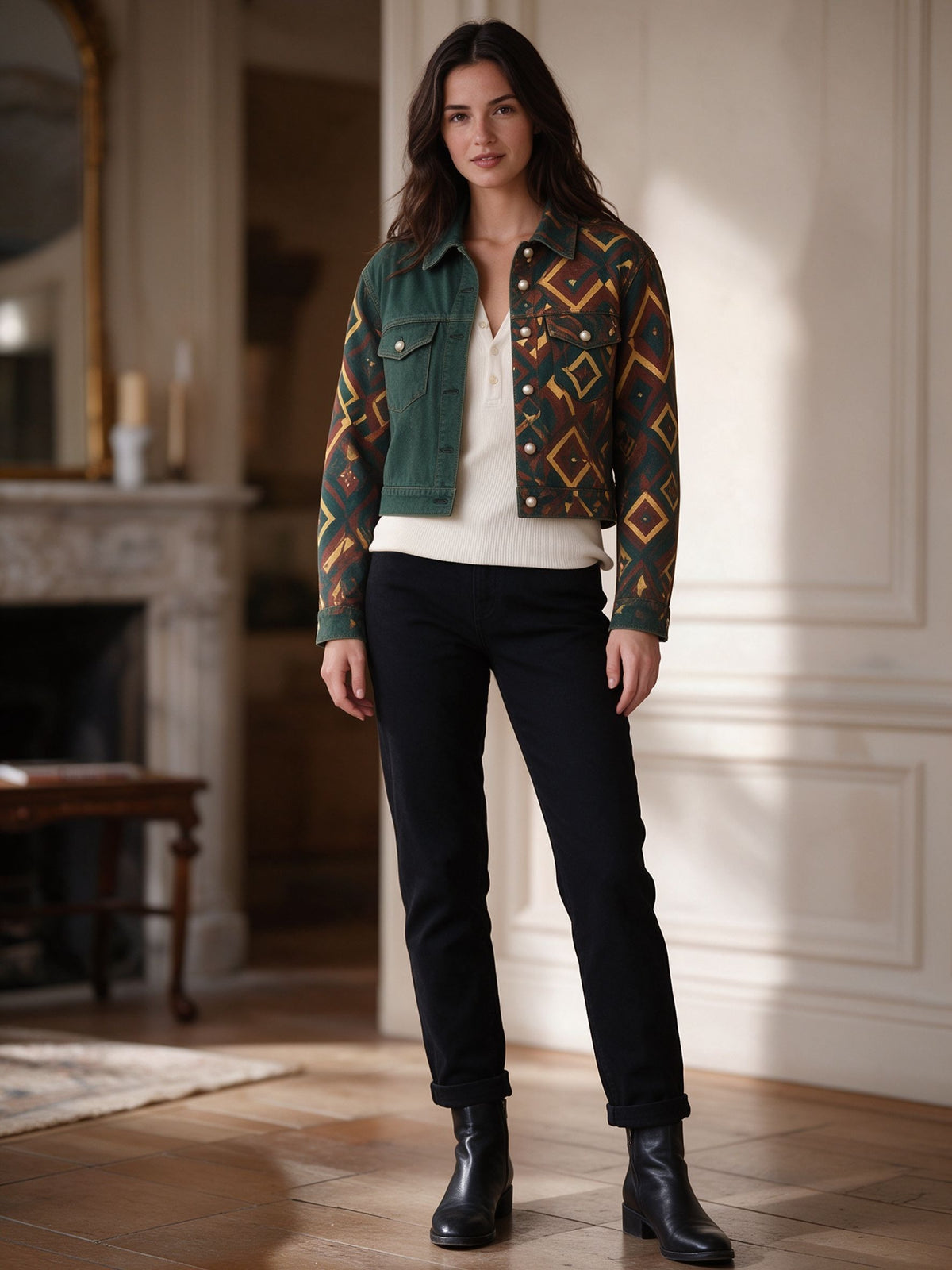 Southwest Diamond Trail Cropped Denim Jacket