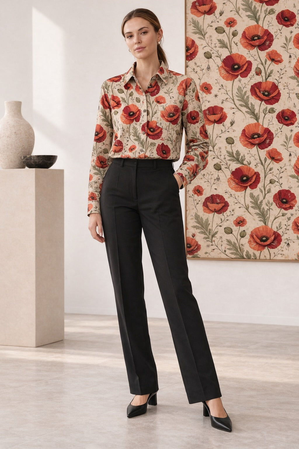 Prairie Poppy Scatter Long Sleeve Denim Shirt