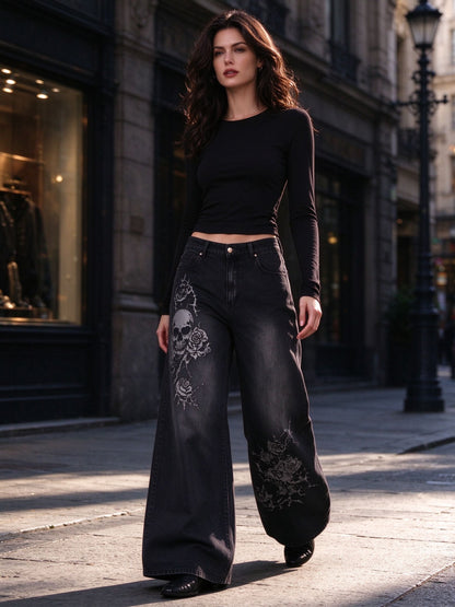 Gunslinger Grave Roses Wide-Leg Jeans