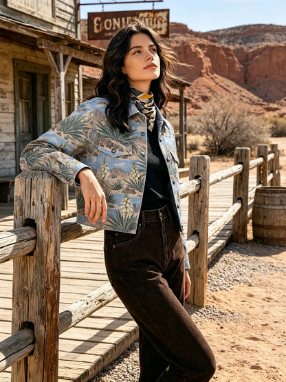 Desert Cactus Bloom Cropped Denim Jacket