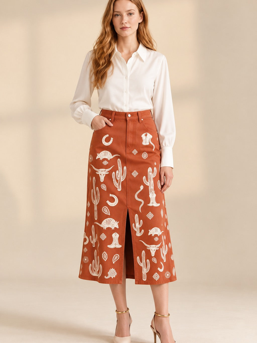 Desert Mirage 976 Western Denim Midi Skirt – Back View – Riley – Terracotta