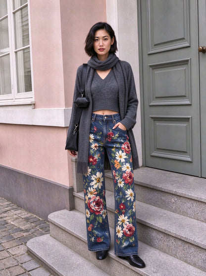 Rodeo Rose Patch Mid-Rise Straight-Leg Jeans