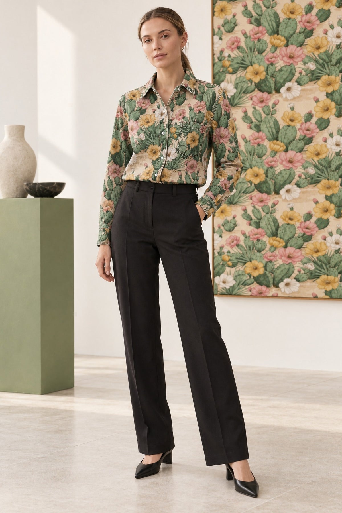 Desert Cactus Bloom Long Sleeve Denim Shirt