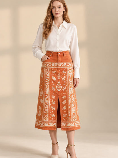 Desert Mirage 978 Western Denim Midi Skirt – Back View – Riley – Terracotta