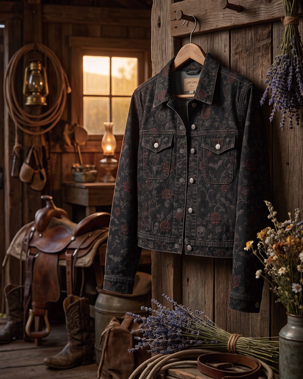 Midnight Prairie Bloom Cropped Denim Jacket
