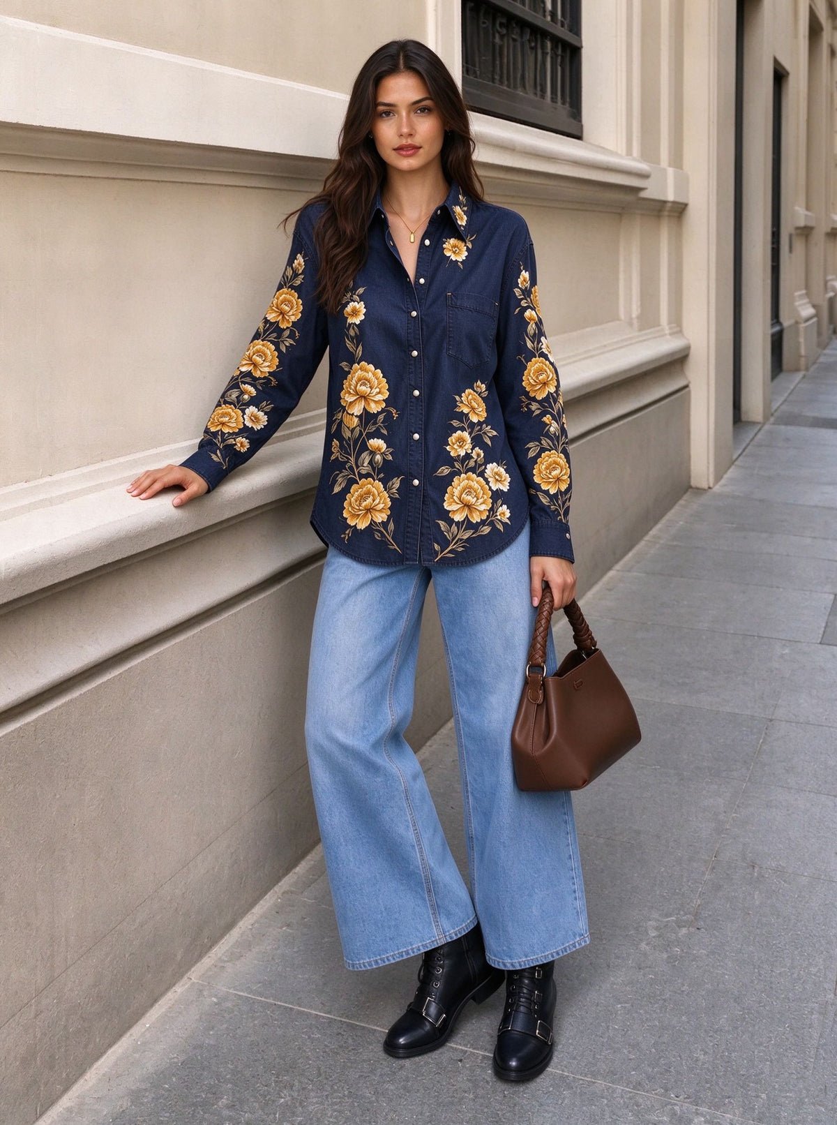Midnight Rose Roundup Long Sleeve Denim Shirt