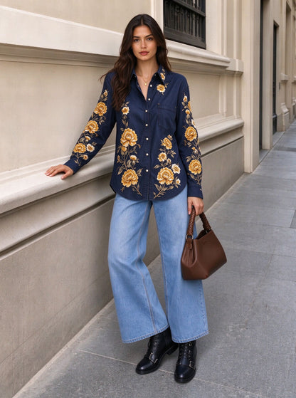 Midnight Rose Roundup Long Sleeve Denim Shirt