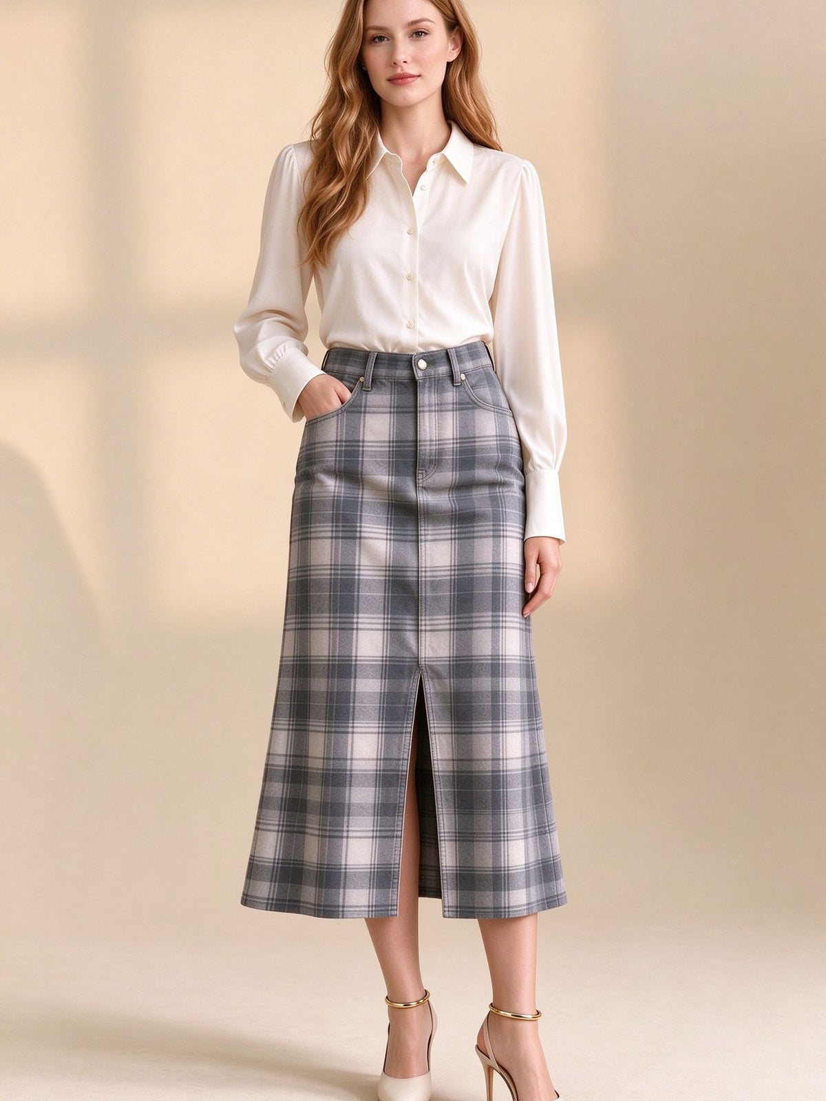Ranch Ridge Western Denim Midi Skirt – Back View – Riley – Gray