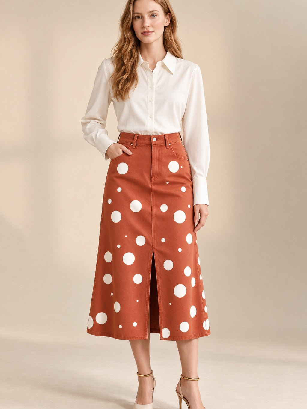 Cactus Bloom Terracotta Western Denim Midi Skirt – Back View – Riley – Terracotta