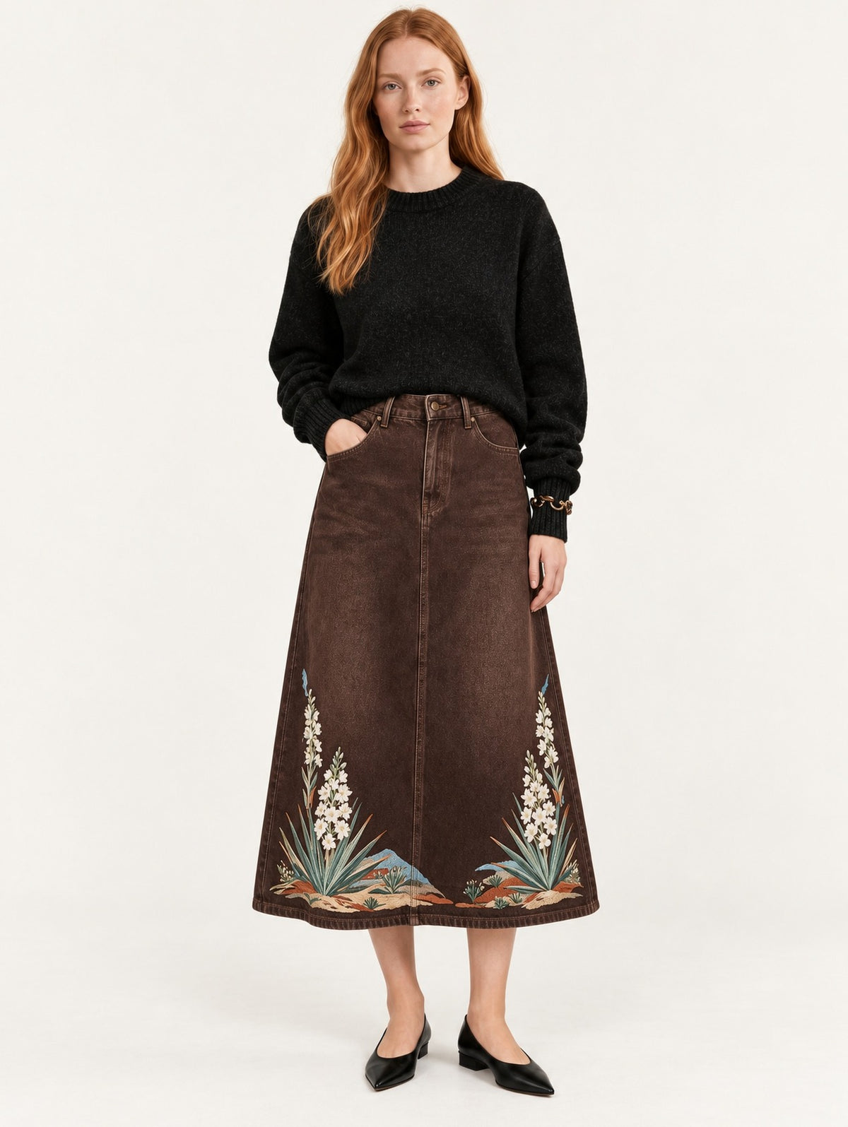 Santa Fe Blossom Ankle-Length Denim Skirt
