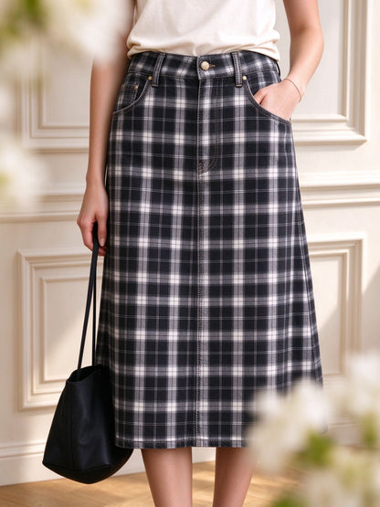Ranch Trail Plaid Ankle-Length Denim Skirt
