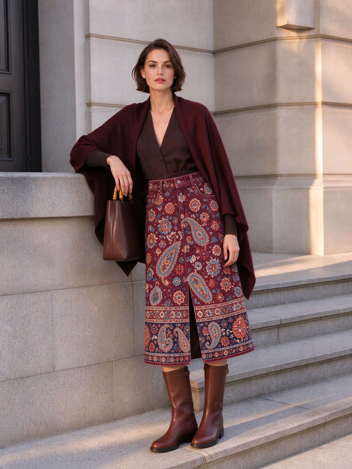 Desert Rose Paisley Denim Midi Skirt