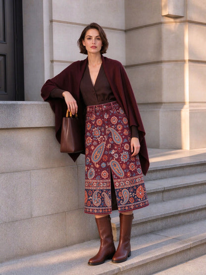 Desert Rose Paisley Denim Midi Skirt