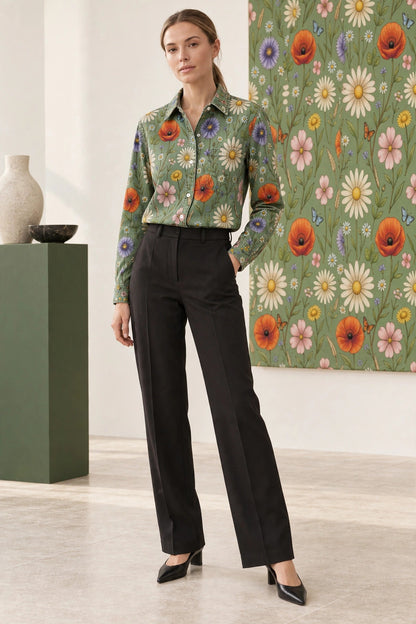 Prairie Poppy Bloom Long Sleeve Denim Shirt