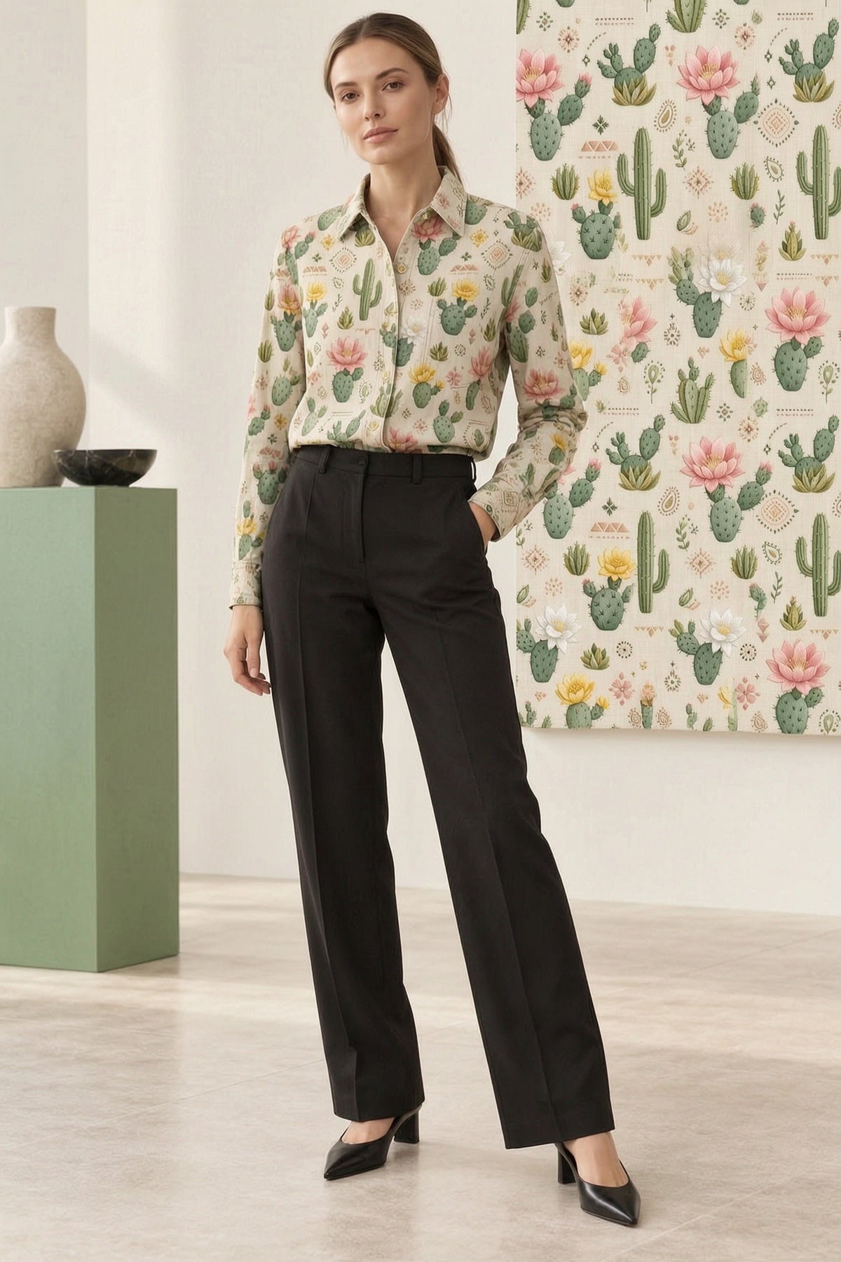 Prairie Cactus Blossom Long Sleeve Denim Shirt