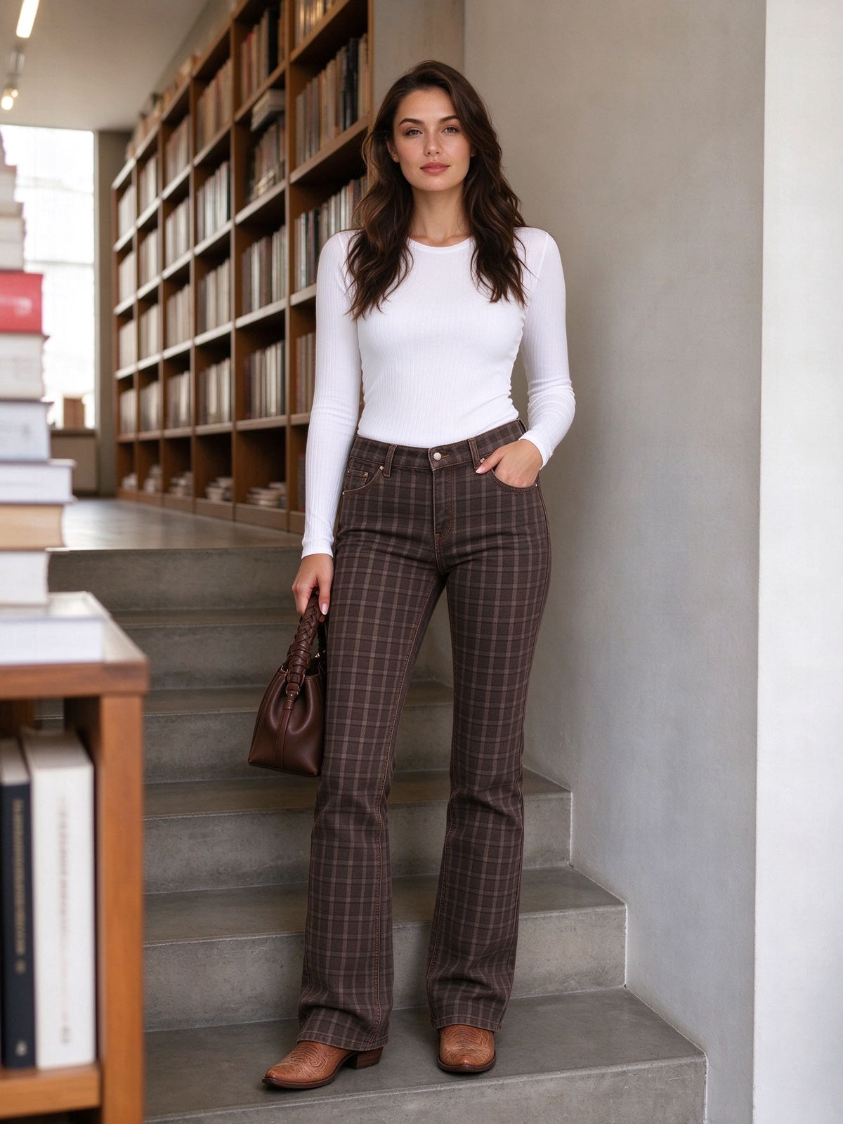 Dusty Trail Check Low-Rise Bootcut Jeans
