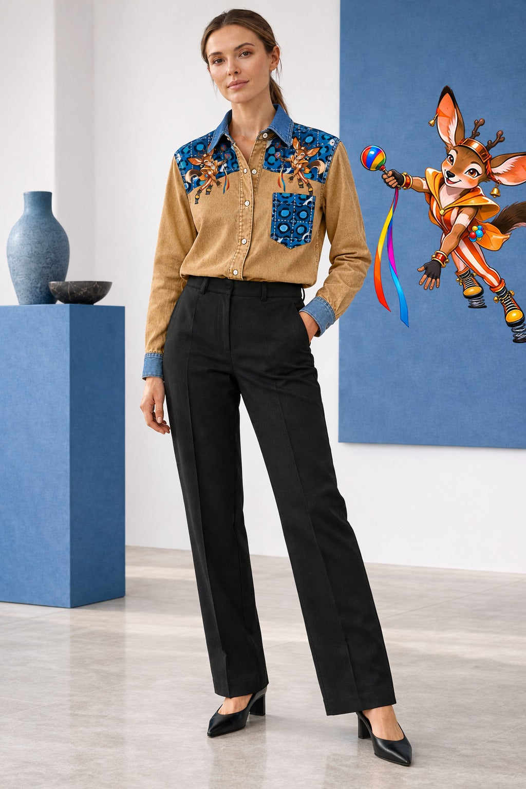 Bronco Patchwork Parade Long Sleeve Denim Shirt