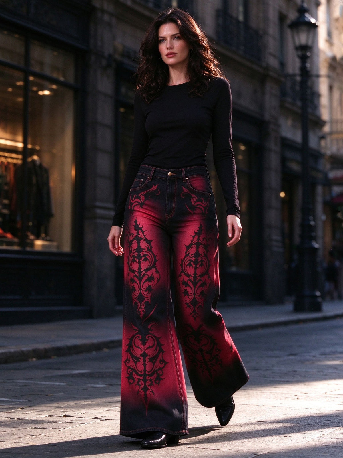 Crimson Desperado Damask Wide-Leg Jeans