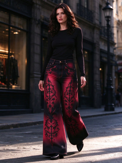 Crimson Desperado Damask Wide-Leg Jeans