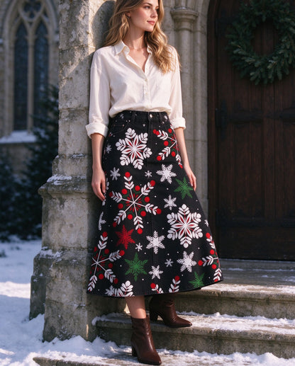 Snowflake Stampede Ankle-Length Denim Skirt