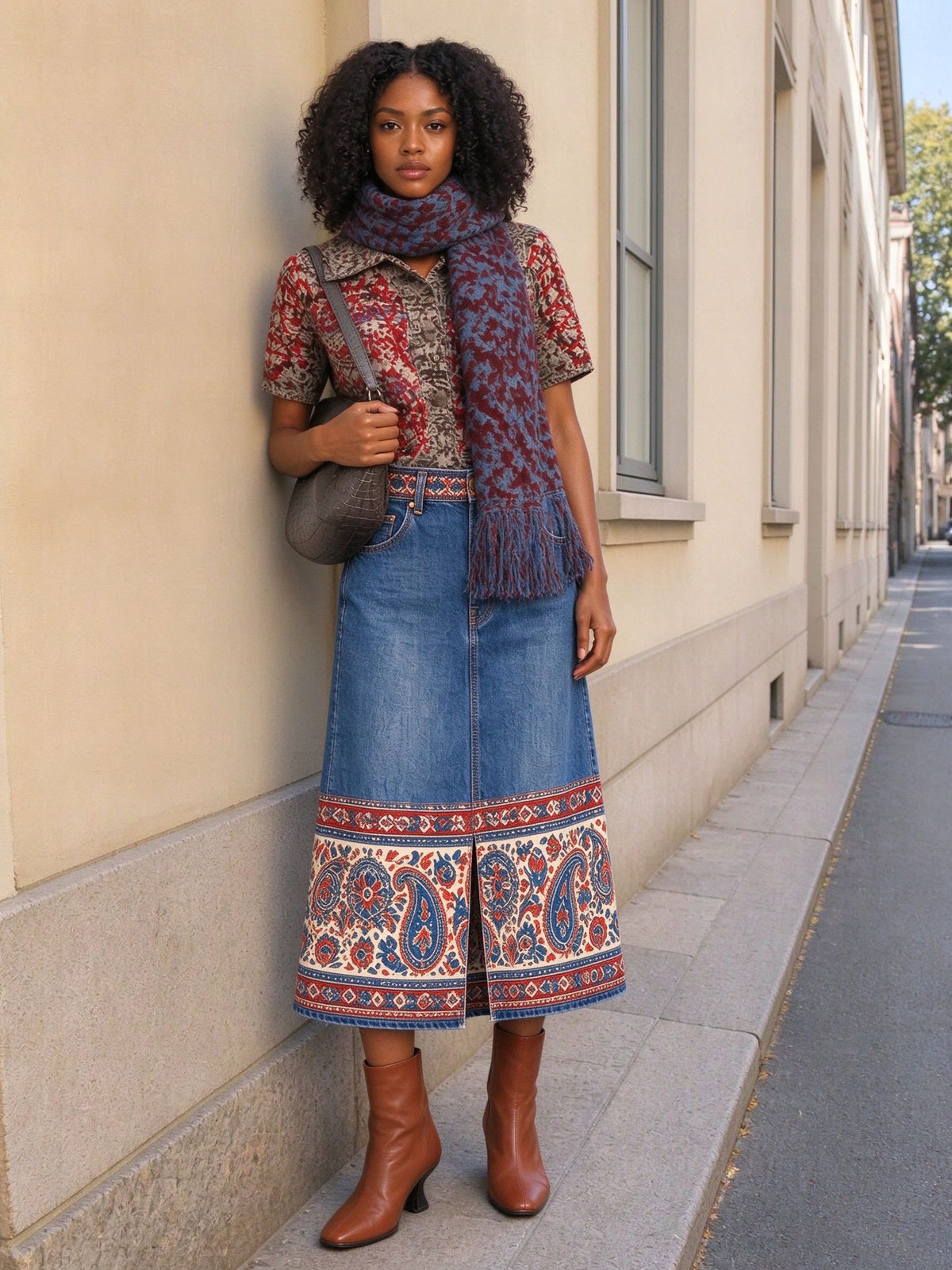 Prairie Paisley Band Denim Midi Skirt