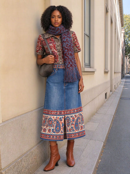 Prairie Paisley Band Denim Midi Skirt