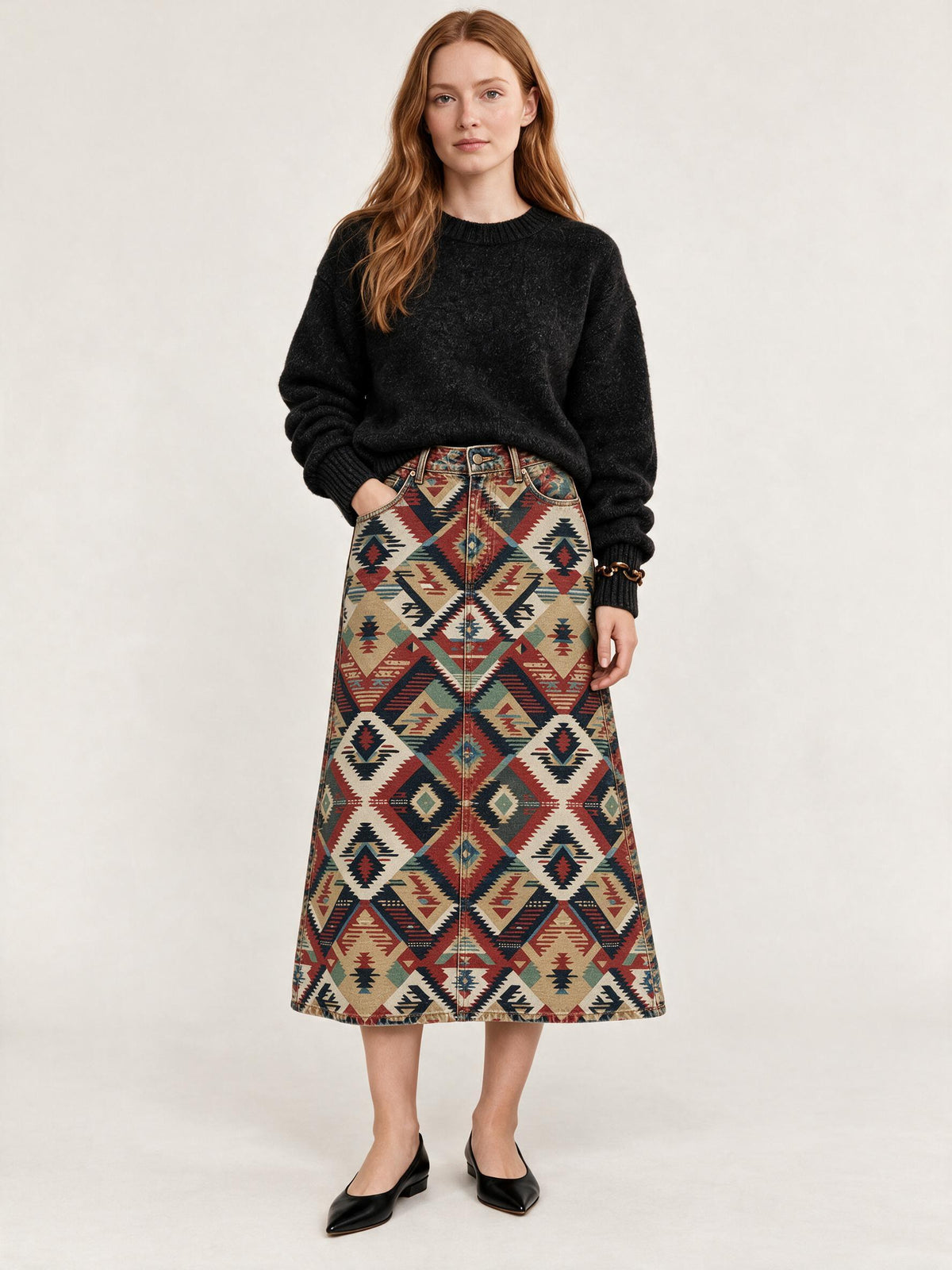 Desert Dreamweaver Ankle-Length Denim Skirt