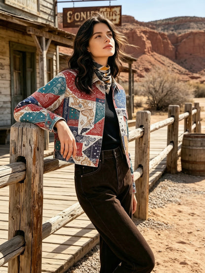 Cowboy Bandana Patchwork Cropped Denim Jacket