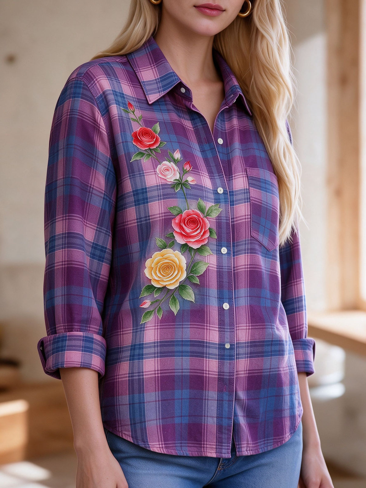 Rodeo Rose Plaid Long Sleeve Denim Shirt