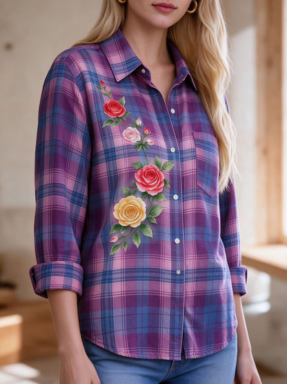 Rodeo Rose Plaid Long Sleeve Denim Shirt