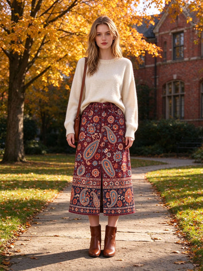Desert Rose Paisley Denim Midi Skirt