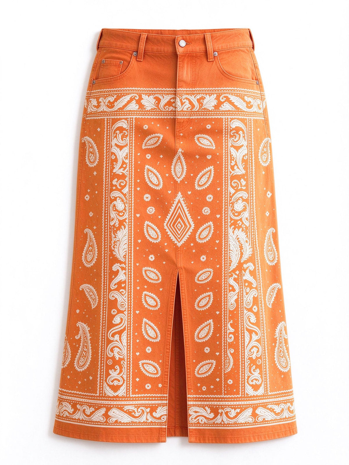 Desert Mirage 978 Western Denim Midi Skirt – Back View – Riley – Terracotta