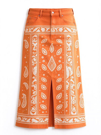 Desert Mirage 978 Western Denim Midi Skirt – Back View – Riley – Terracotta