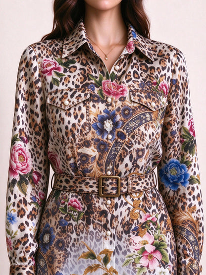 Wildflower Leopard Belted Shirt Dress