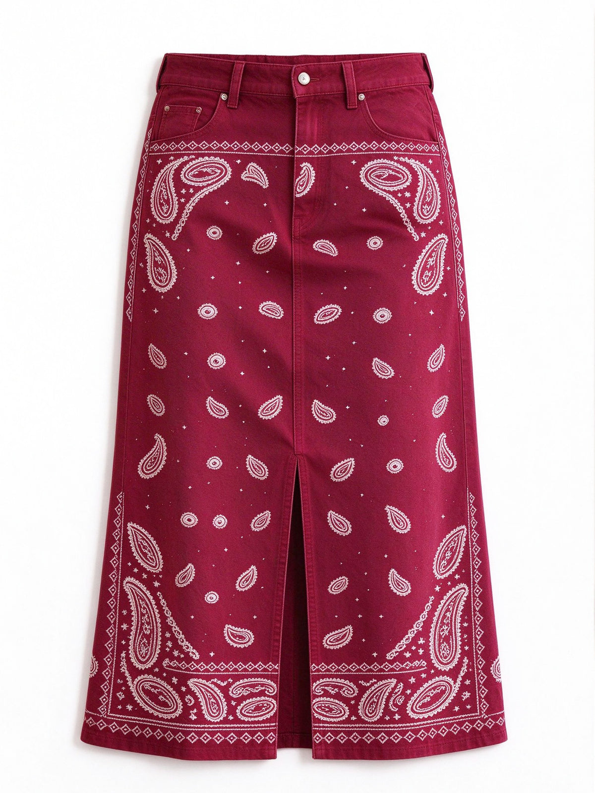 Crimson Bandana Western Denim Midi Skirt – Back View – Riley – Deep Red