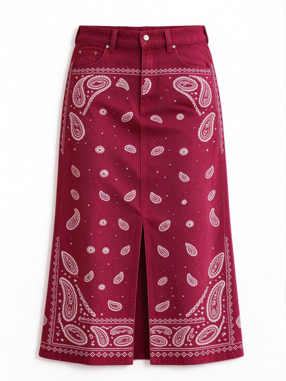 Crimson Bandana Western Denim Midi Skirt – Back View – Riley – Deep Red
