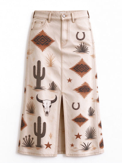 Desert Mirage 974 Western Denim Midi Skirt – Back View – Riley – Beige