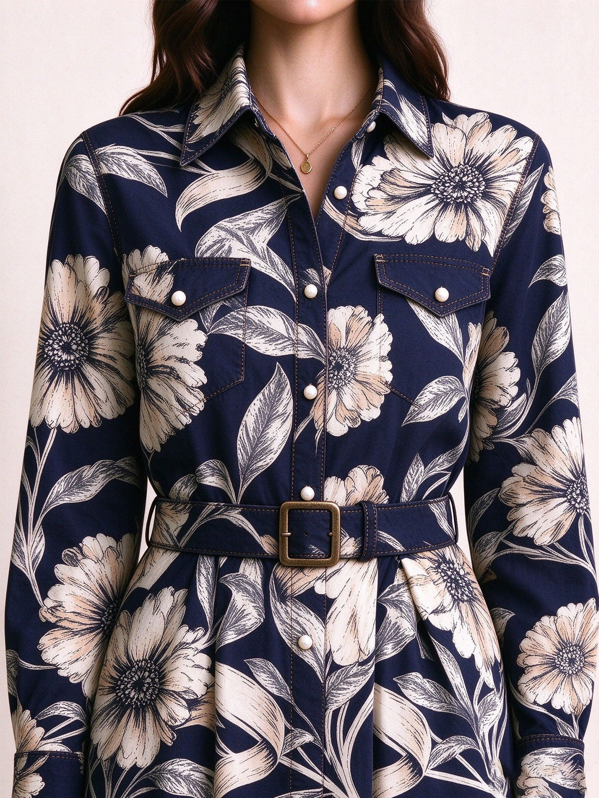Midnight Flora Belted Shirt Dress