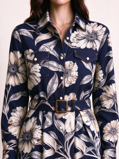 Midnight Flora Belted Shirt Dress