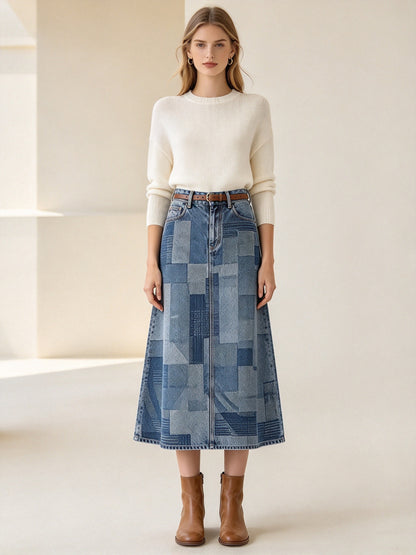 Patchwork Plains Ankle-Length Denim Skirt