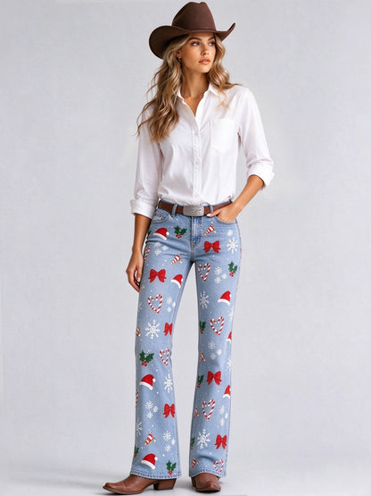 Ranch Christmas Bows Low-Rise Bootcut Jeans