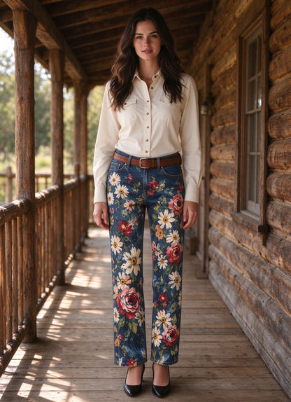 Rodeo Rose Patch Mid-Rise Straight-Leg Jeans