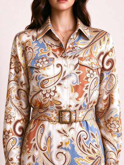 Prairie Swirl Belted Shirt Dress