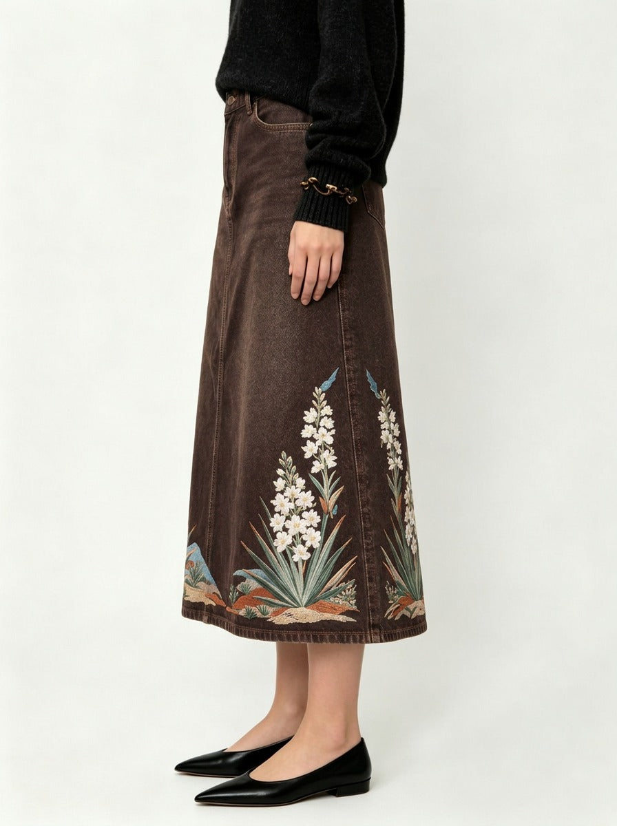 Santa Fe Blossom Ankle-Length Denim Skirt