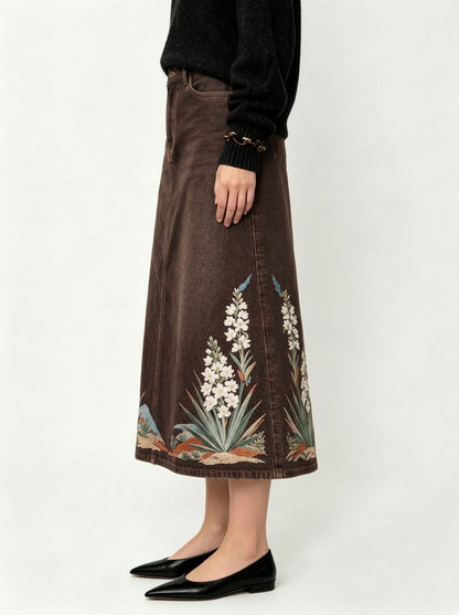 Santa Fe Blossom Ankle-Length Denim Skirt