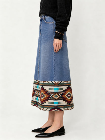 Golden Serpent Ankle-Length Denim Skirt