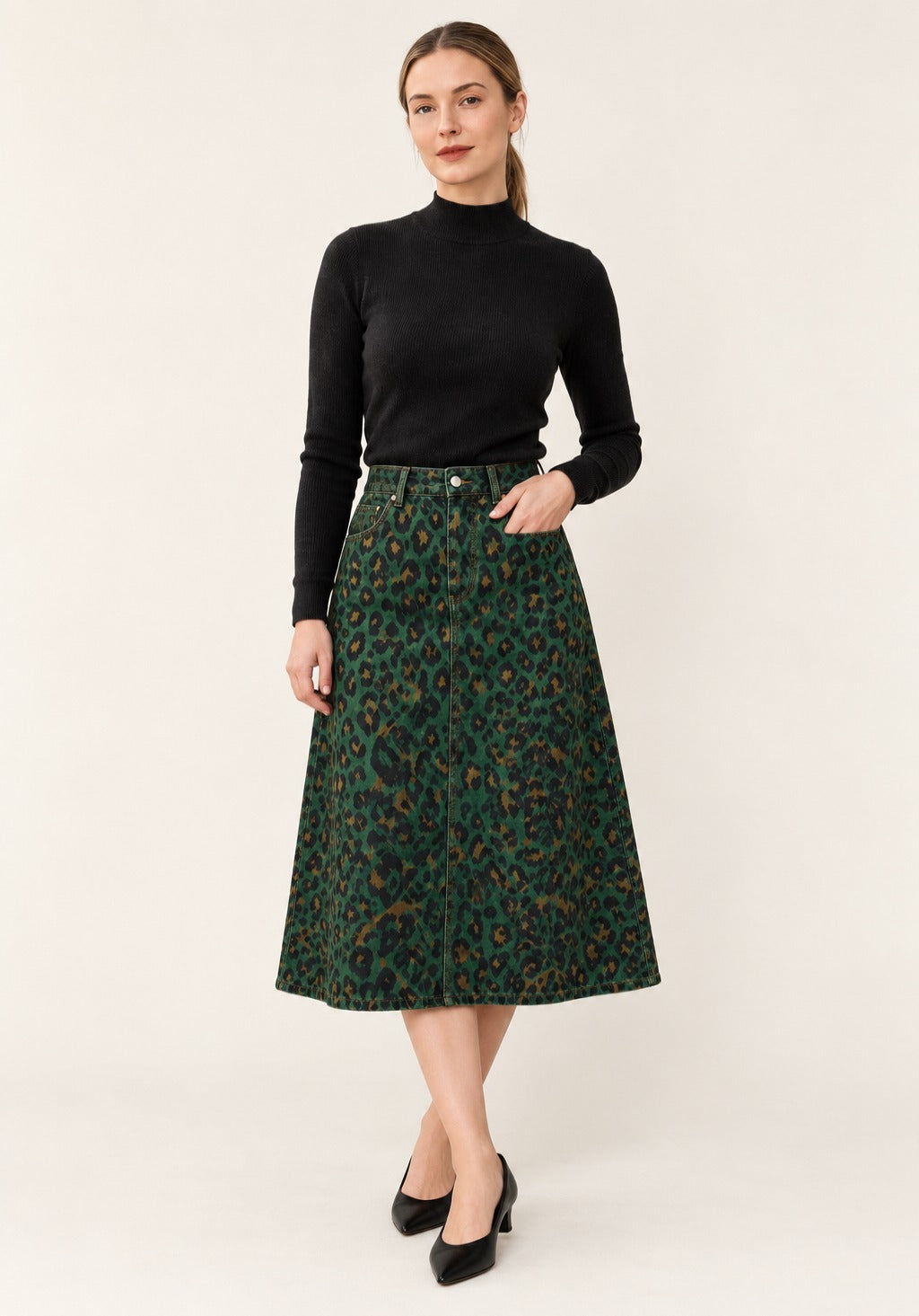Desert Leopard Ankle-Length Denim Skirt